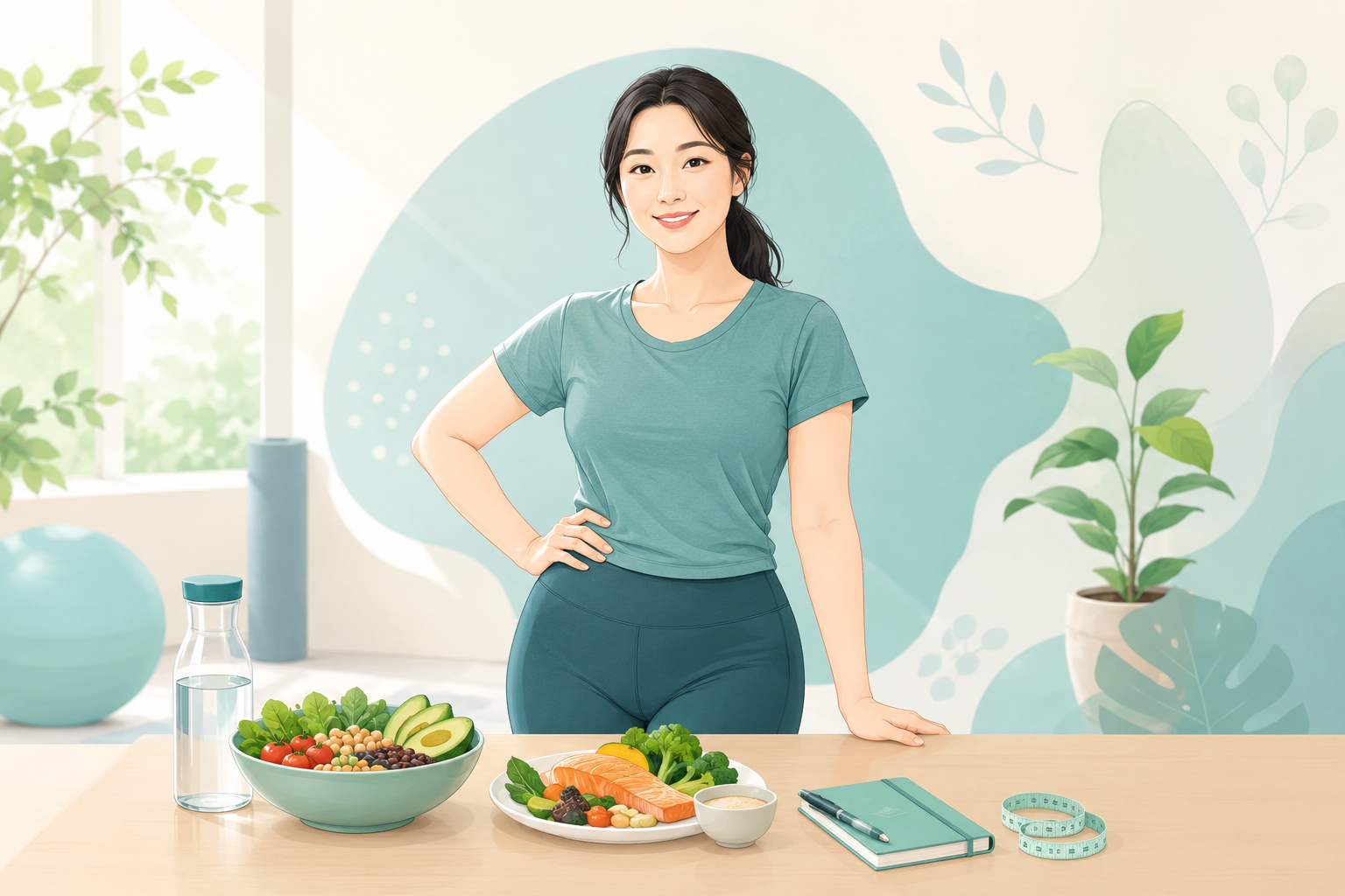 균형 잡힌 식사와 운동, 생활기록을 통한 건강한 체중관리 일러스트