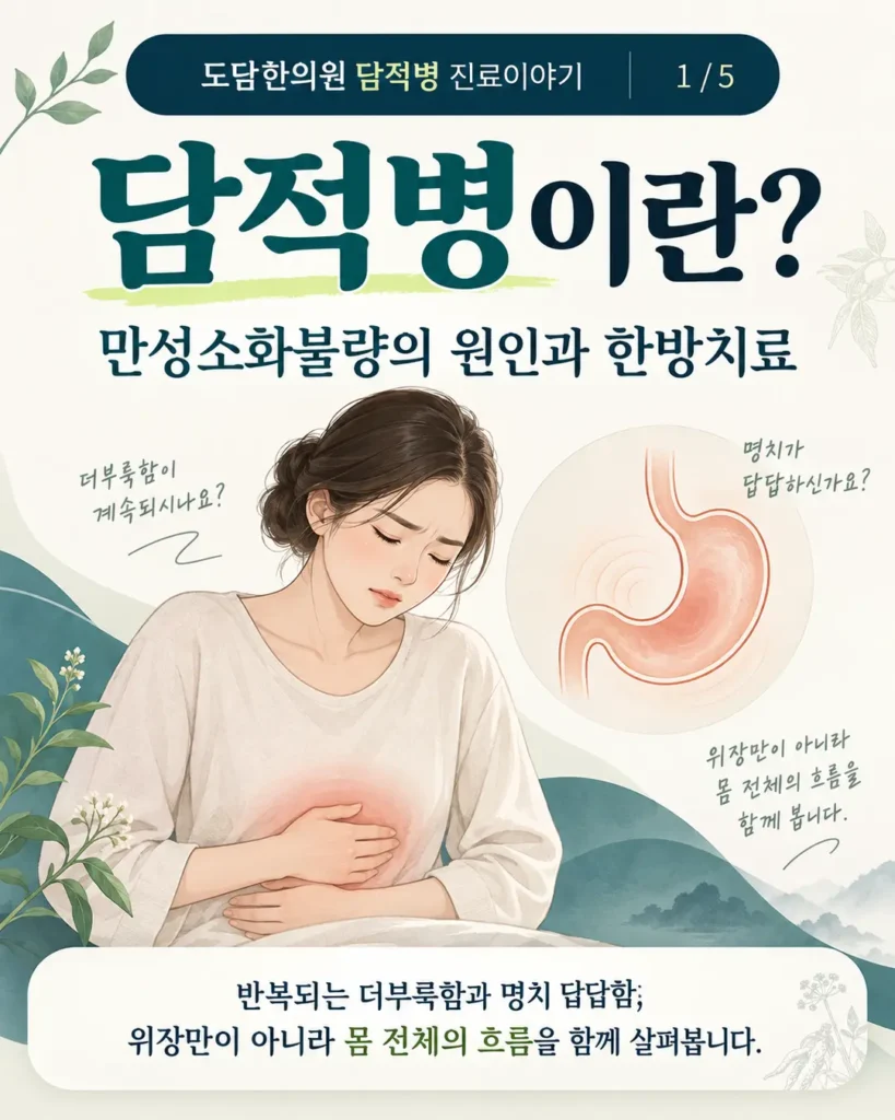 담적병이란 무엇인지와 만성소화불량의 원인 및 한방치료를 설명하는 도담한의원 카드뉴스