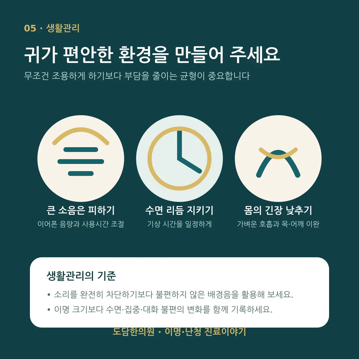 고음역대 난청과 이명 생활관리 방법을 정리한 도식