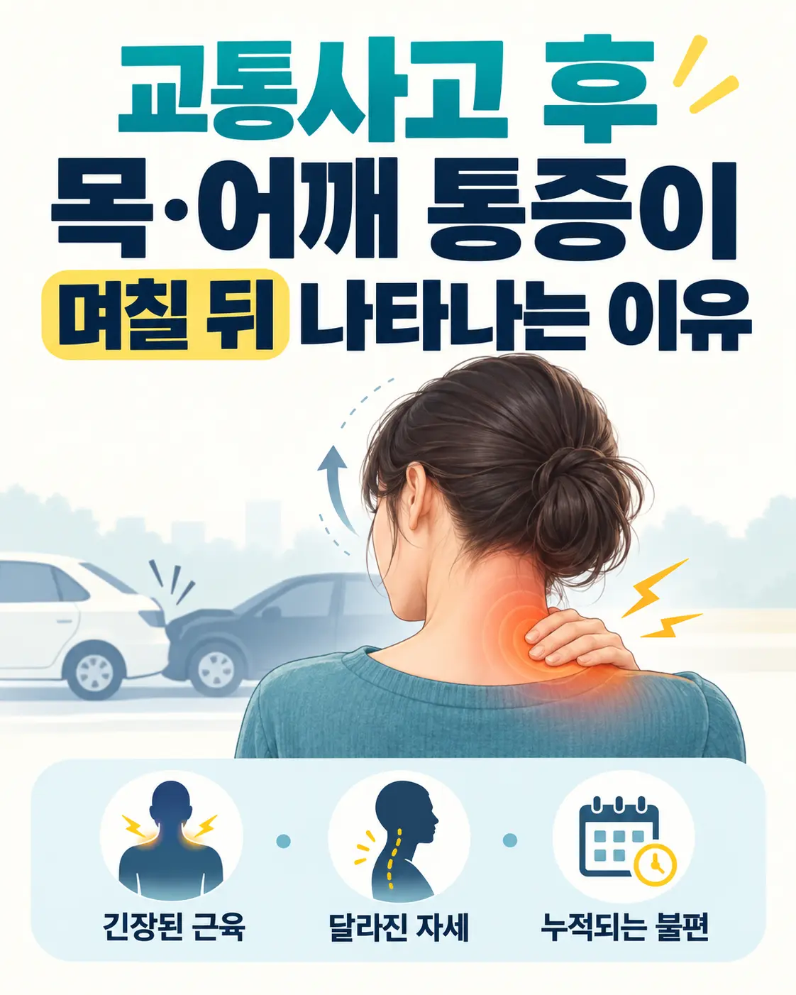 교통사고 후 목과 어깨 통증이 며칠 뒤 나타나는 이유를 설명하는 카드뉴스