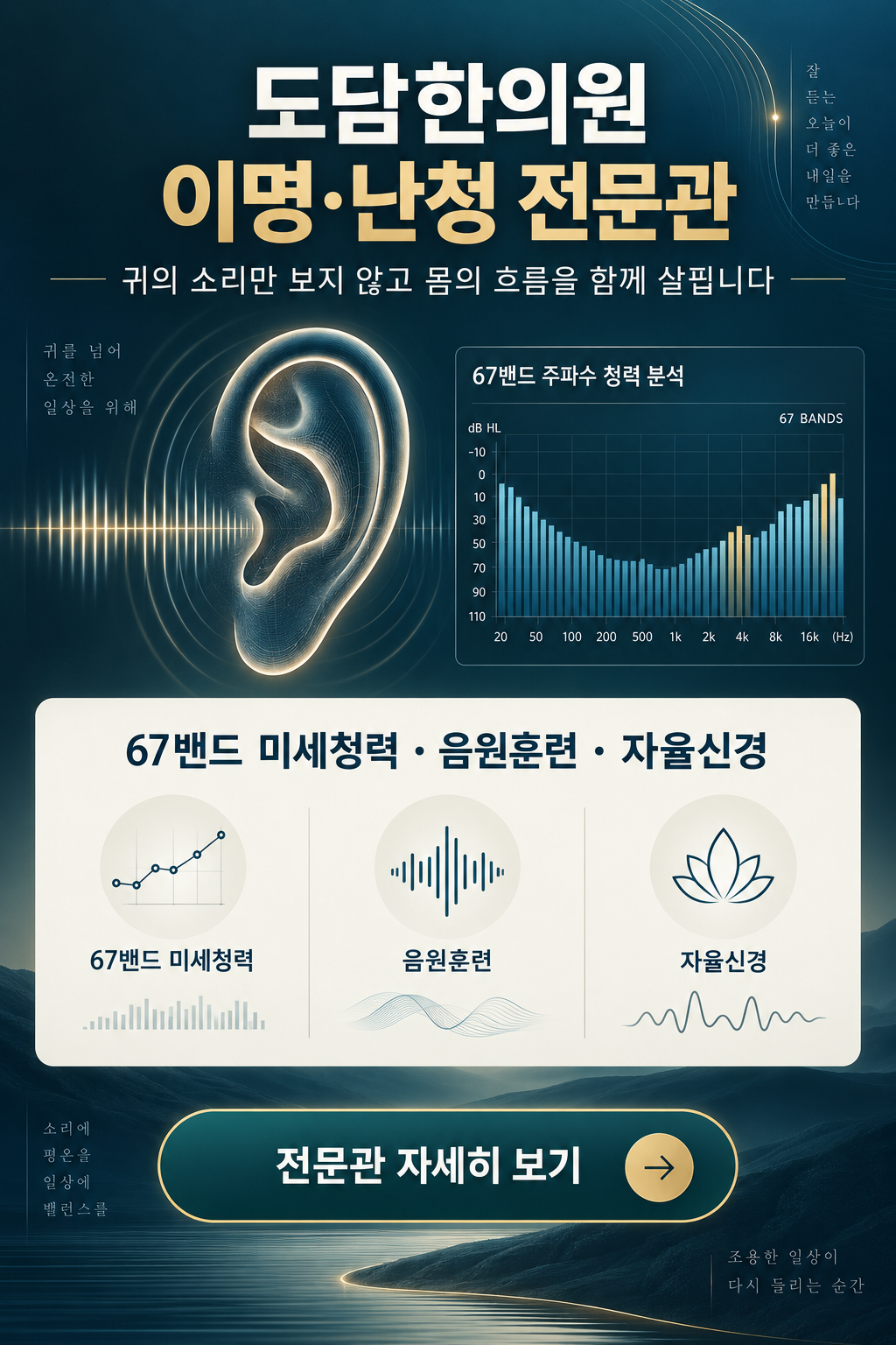 도담한의원 이명 난청 진료 67밴드 청력분석 음원훈련 자율신경 안내