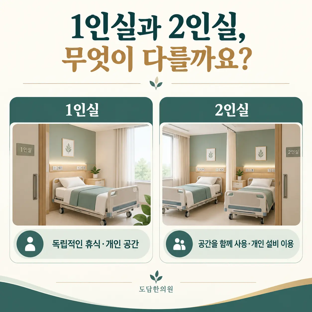 교통사고 입원 시 1인실의 독립적 휴식과 2인실의 공간 공유 차이를 비교한 카드뉴스