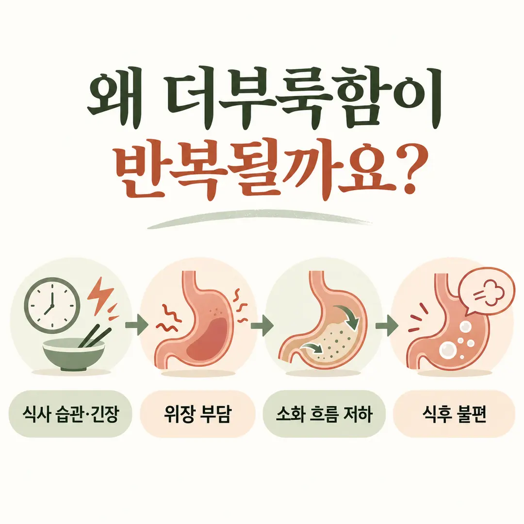식사 습관과 긴장이 위장 부담, 소화 흐름 저하, 식후 불편으로 이어지는 과정