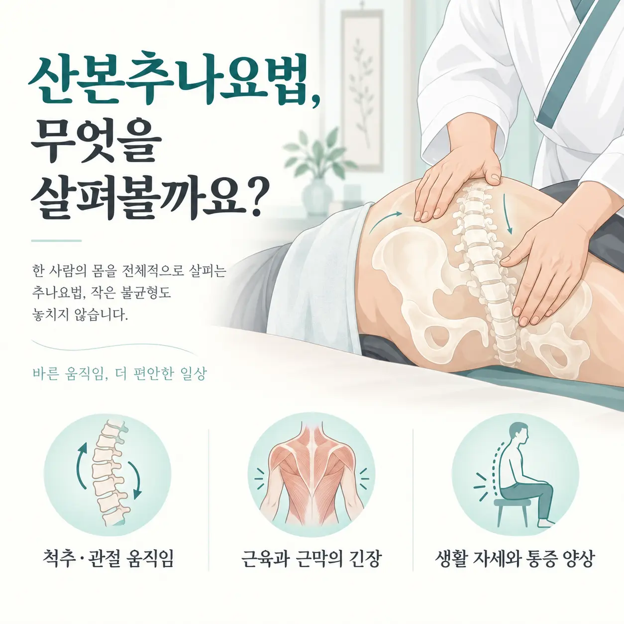 산본추나요법의 의미와 목·허리·골반 통증 평가 안내 카드뉴스