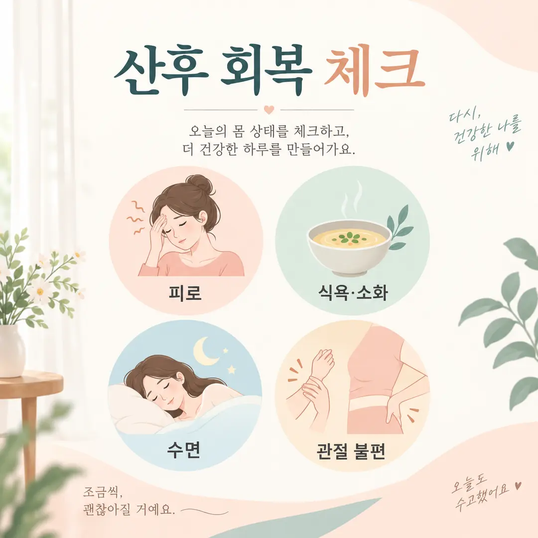 출산 후 피로 식욕 소화 수면 관절 불편을 확인하는 산후 회복 체크 카드뉴스