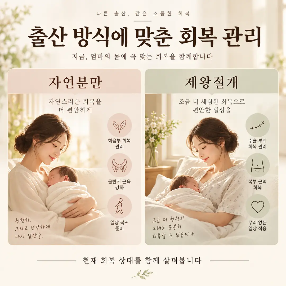 자연분만과 제왕절개 후 회복 상태에 맞춘 산후관리 비교 카드뉴스