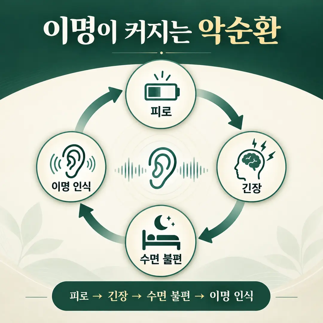 이명 수면 부족 피로 긴장이 이어지는 악순환 흐름도