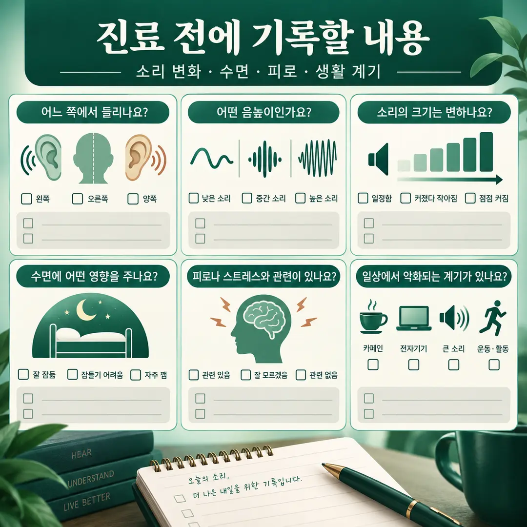 이명 크기 불편감 수면 스트레스 소음 카페인 기록표