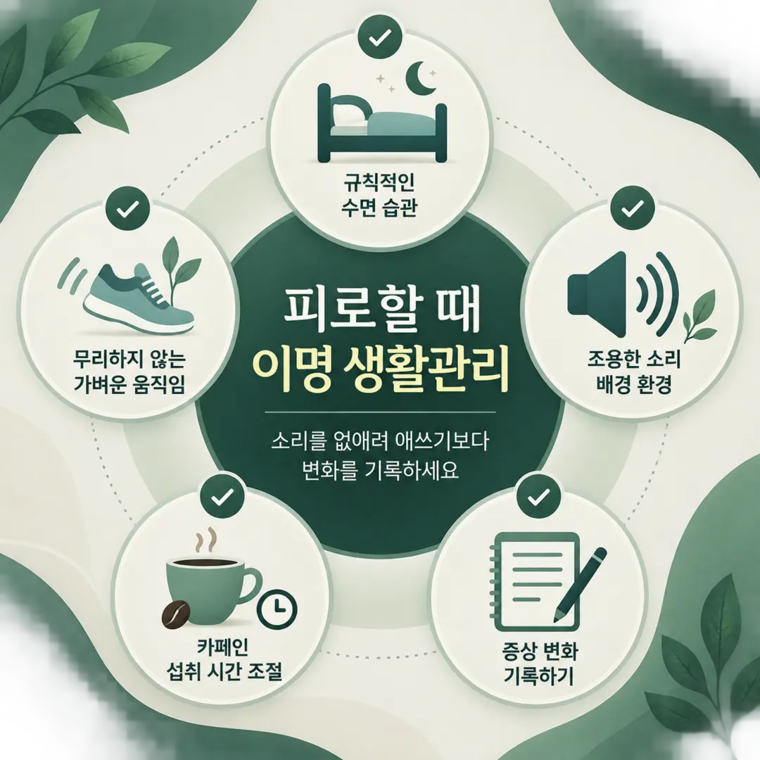 스트레스 이명 생활관리와 배경음 휴식 수면 점검 그림