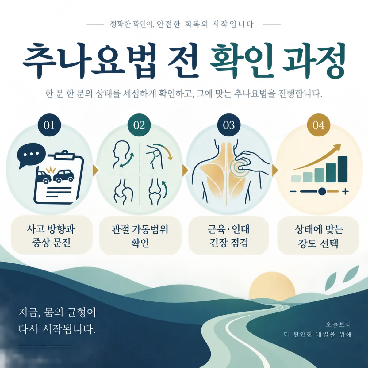 추나요법 전 사고 문진, 가동범위, 근육 긴장, 강도 확인 과정