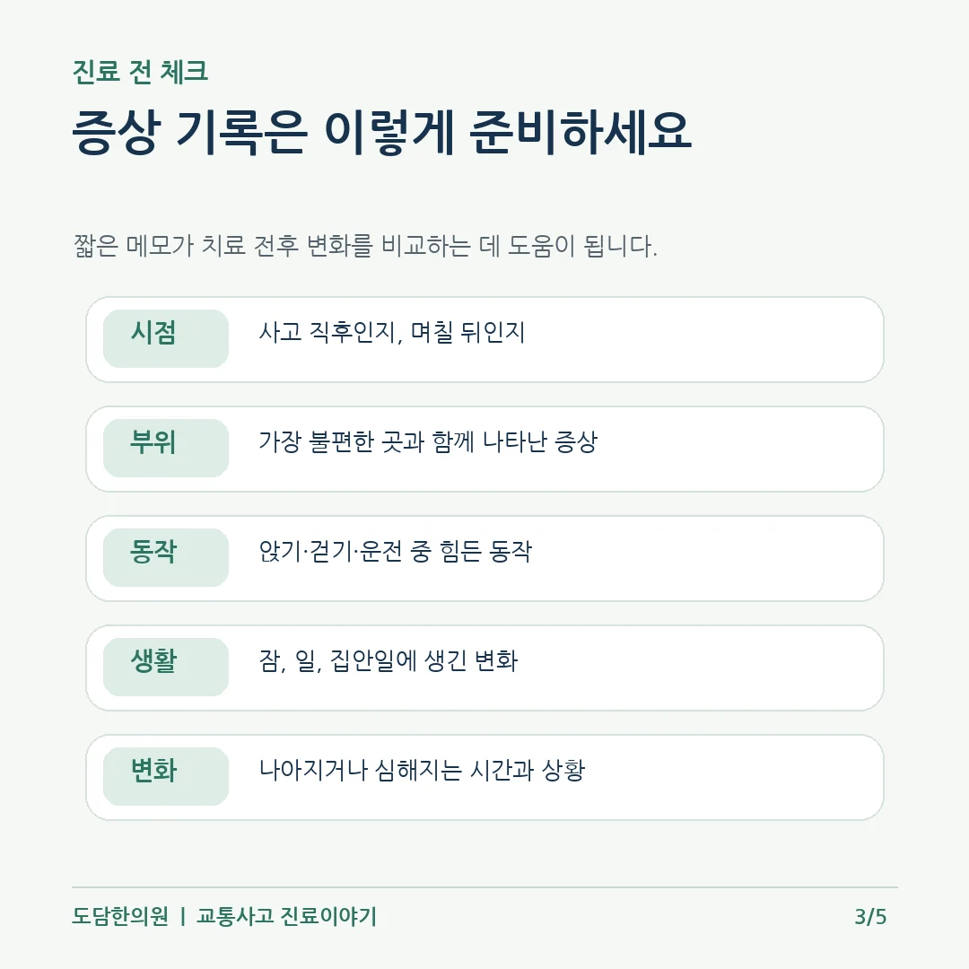 군포교통사고한의원 내원 전 증상 기록 체크리스트