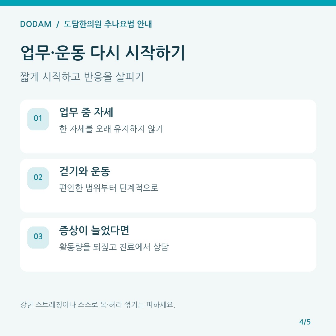 추나요법 후 자세를 바꾸고 걷기와 운동을 단계적으로 재개하는 생활관리 안내