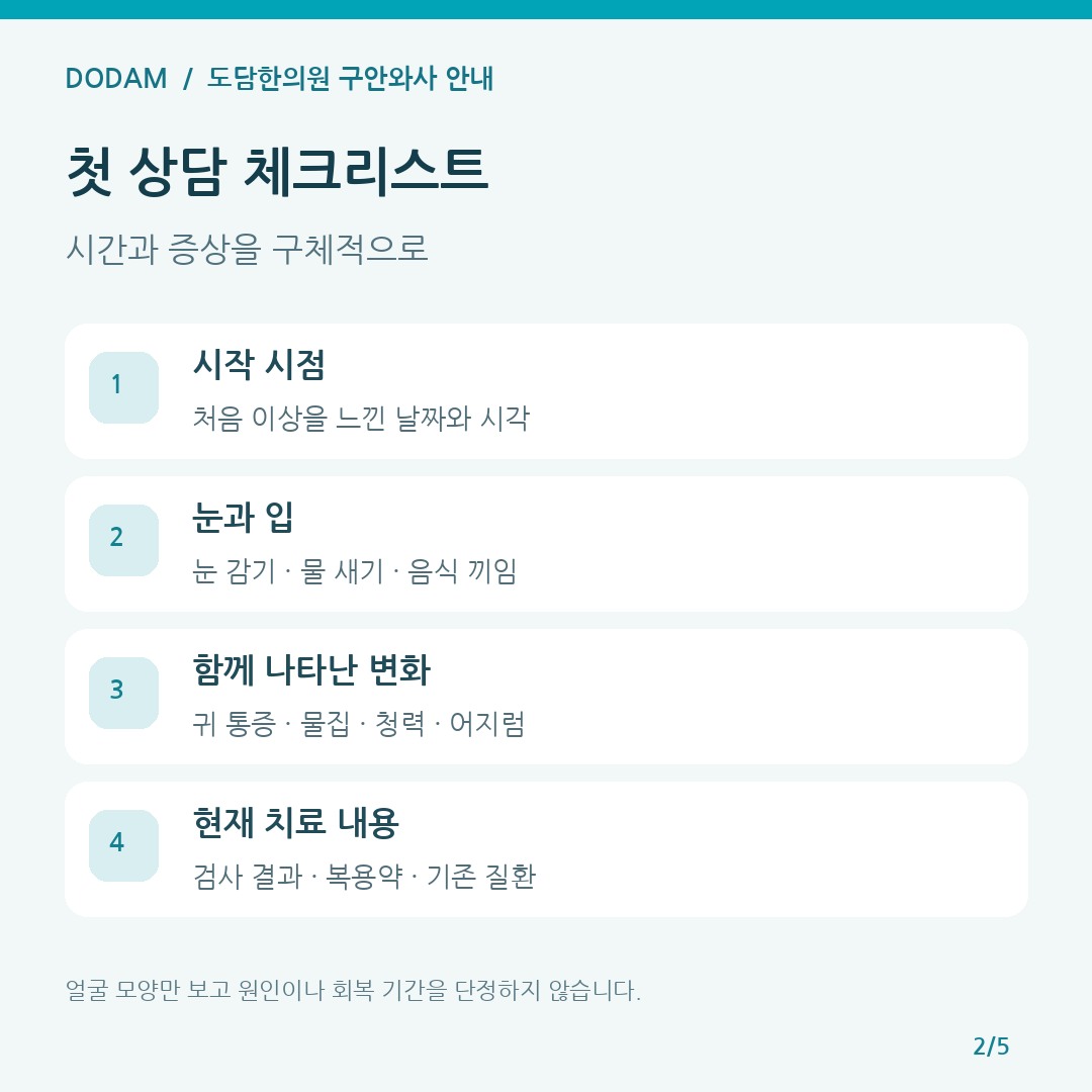 구안와사 첫 상담에 준비할 시작 시점 눈과 입 증상 동반 변화와 복용약 체크리스트