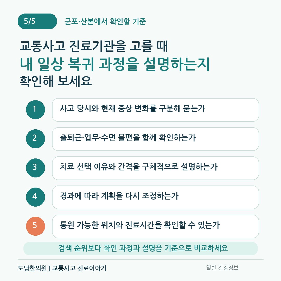 군포 산본 교통사고 진료기관 선택 시 증상 변화 업무 수면 치료 설명과 통원 가능성을 확인하는 기준